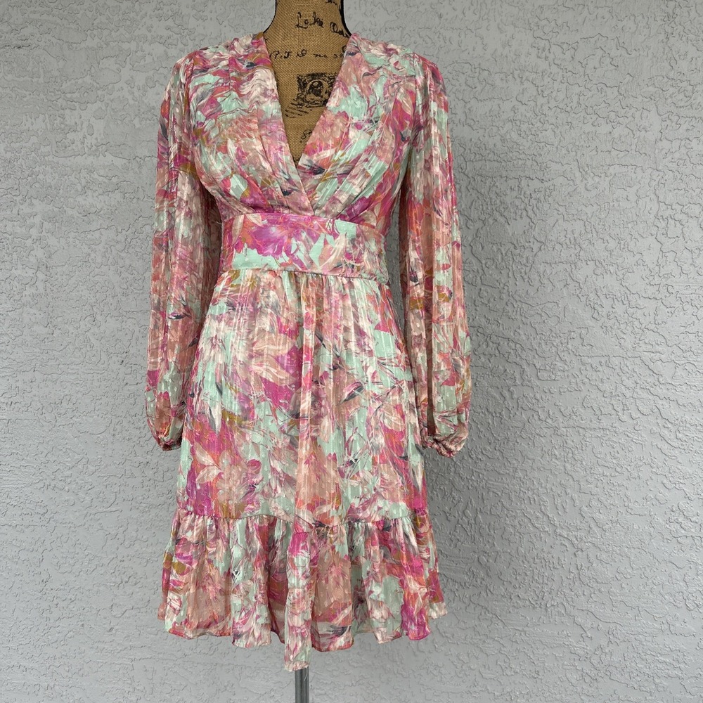 Alex Marie Simone Dress Size 2 Pink Teal Floral Long‎ Sleeve Tiered $178 Cottage